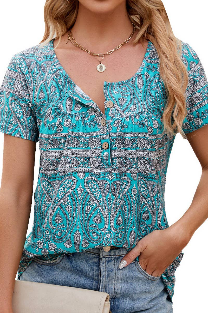 CWTBLS0850_BUTTON PRINT FLORAL SHORT SLEEVE BAGGY TOP