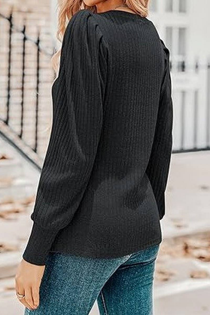 CWTBLL01073_V-NECK LONG-SLEEVED PUFF-SLEEVED TOP