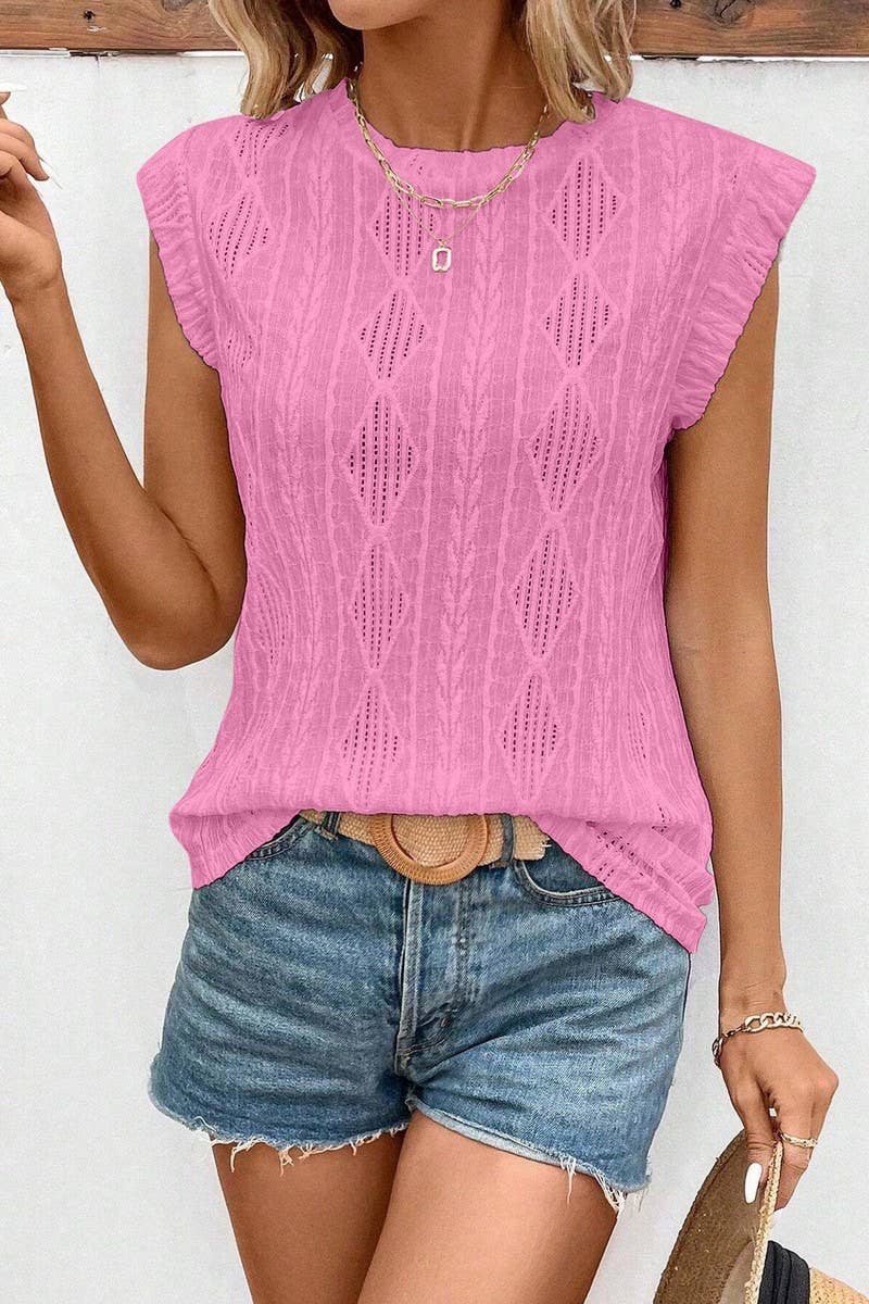 CWTBLS1615_ROUND NECK JACQUARD LOOSE T-SHIRT VEST