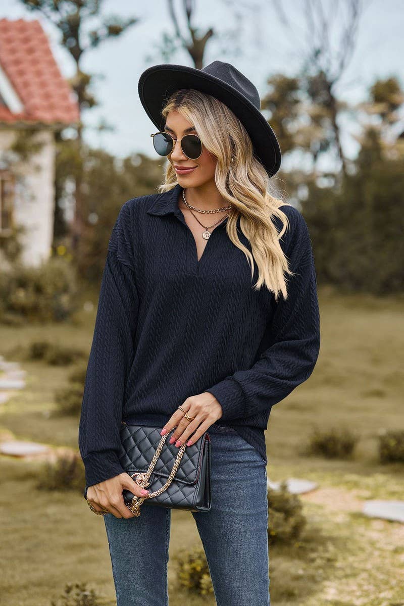 CWTBLL2376_SOLID COLOR LAPEL BUTTON LOOSE CASUAL TOP