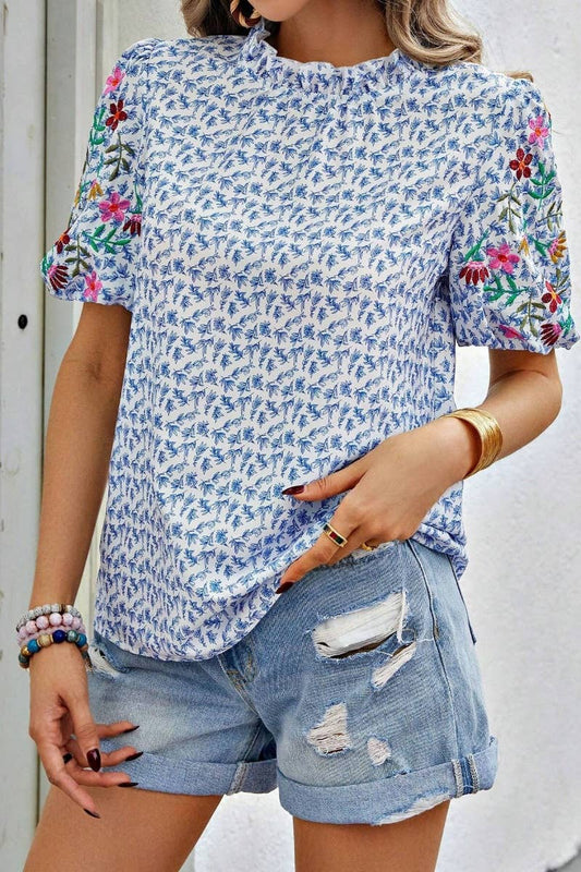 CWTBLS1126_SUMMER PRINT SHORT SLEEVED TOP WITH WAVY NECK