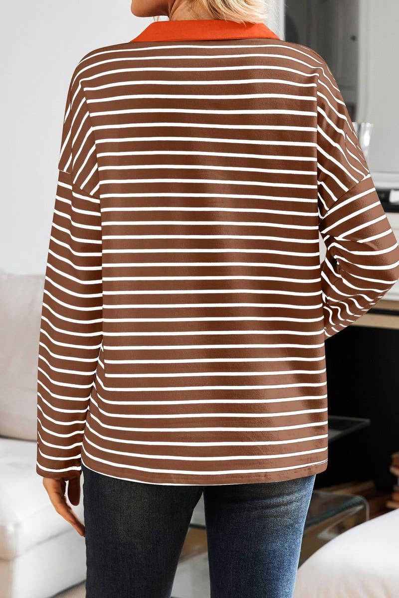 CWTBLL3674_STRIPED V-NECK LOOSE LAPEL SWEATSHIRT TOP