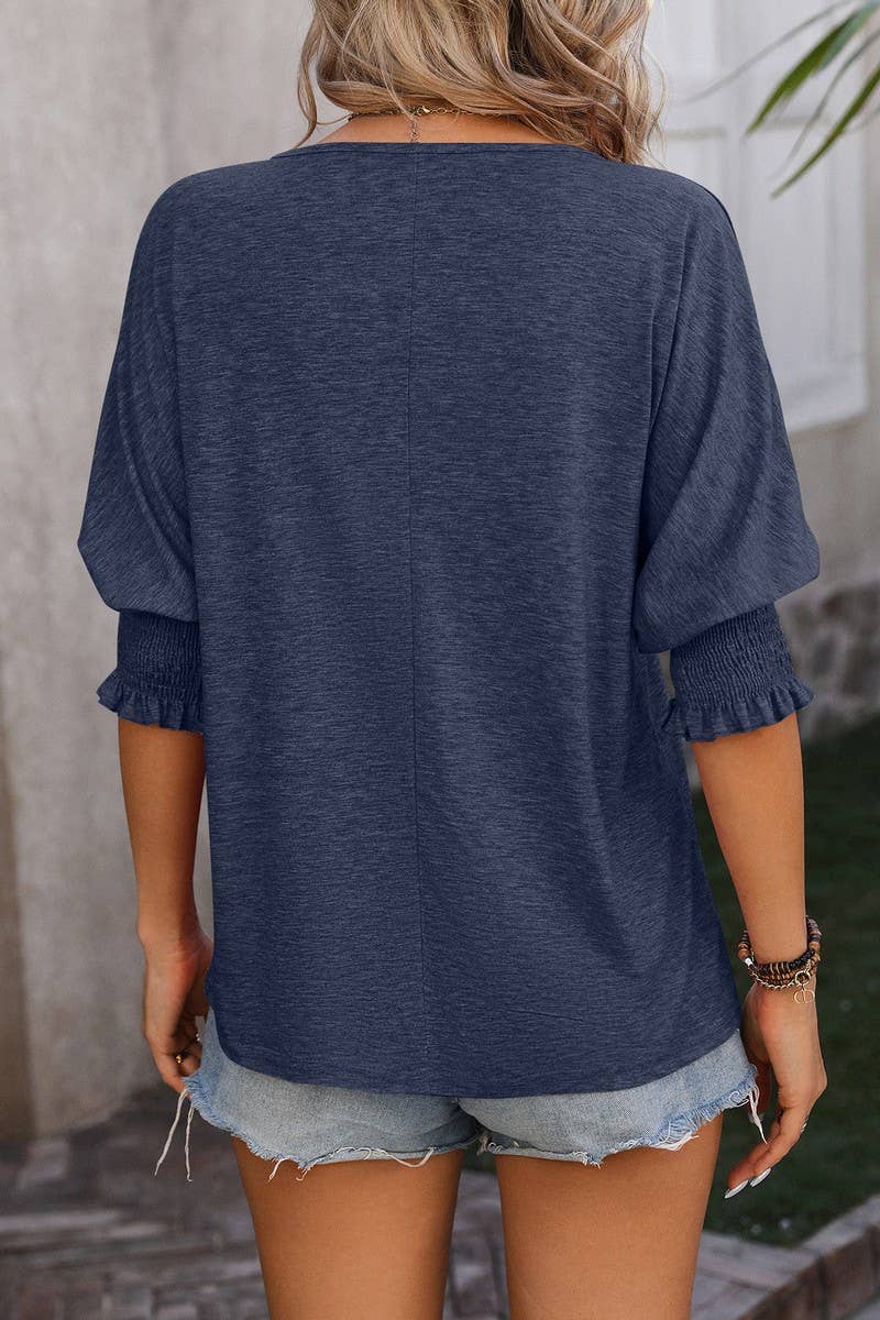 CWTBLS1434_LOOSE V-NECK BAT SLEEVES COLORFUL COTTON T-SHIRT