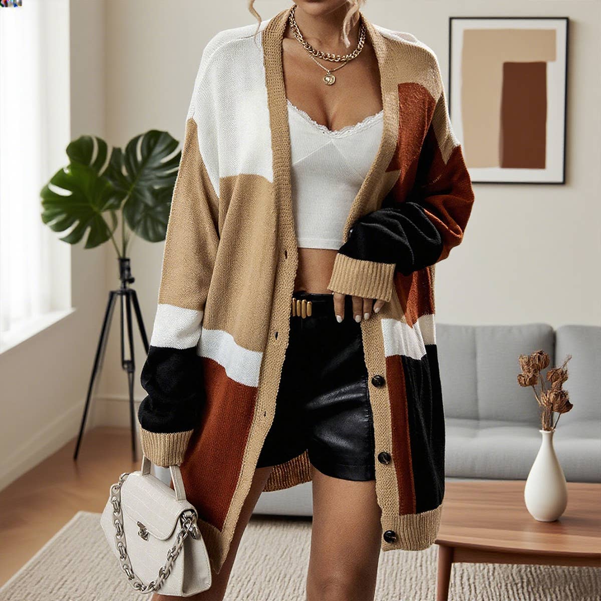 Color-blocking patchwork long knitted cardigan