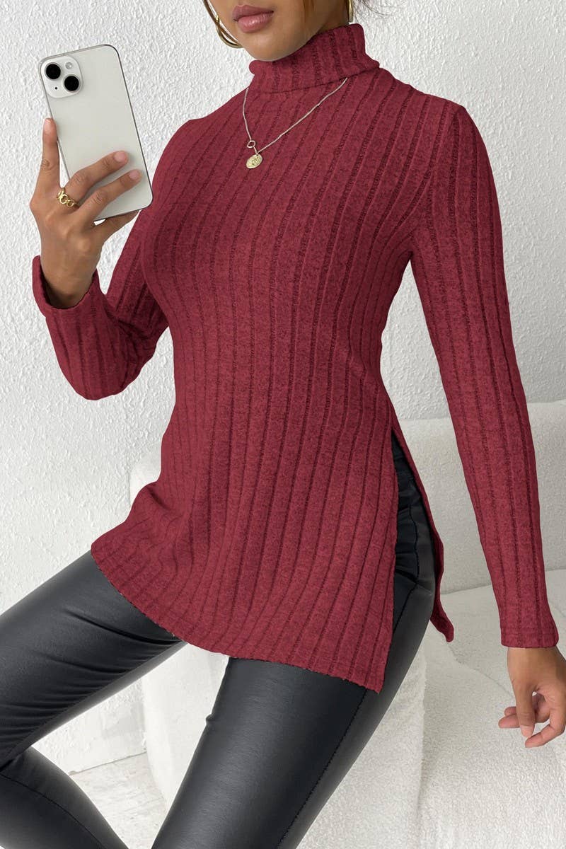 CWTTL1315_Turtle Neck Long Slv With Side Slit Pullover Top