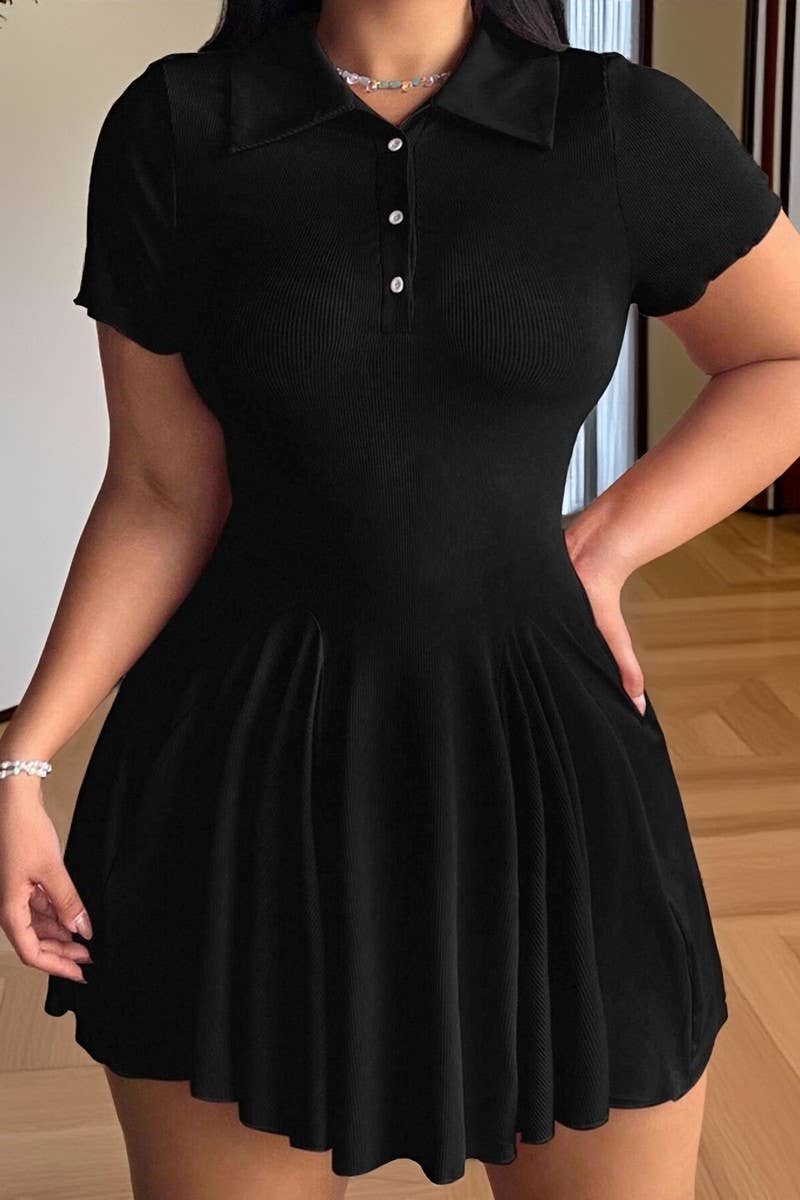 CWDSD10876_SOLID COLOR POLO COLLAR SHORT SLEEVE DRESS