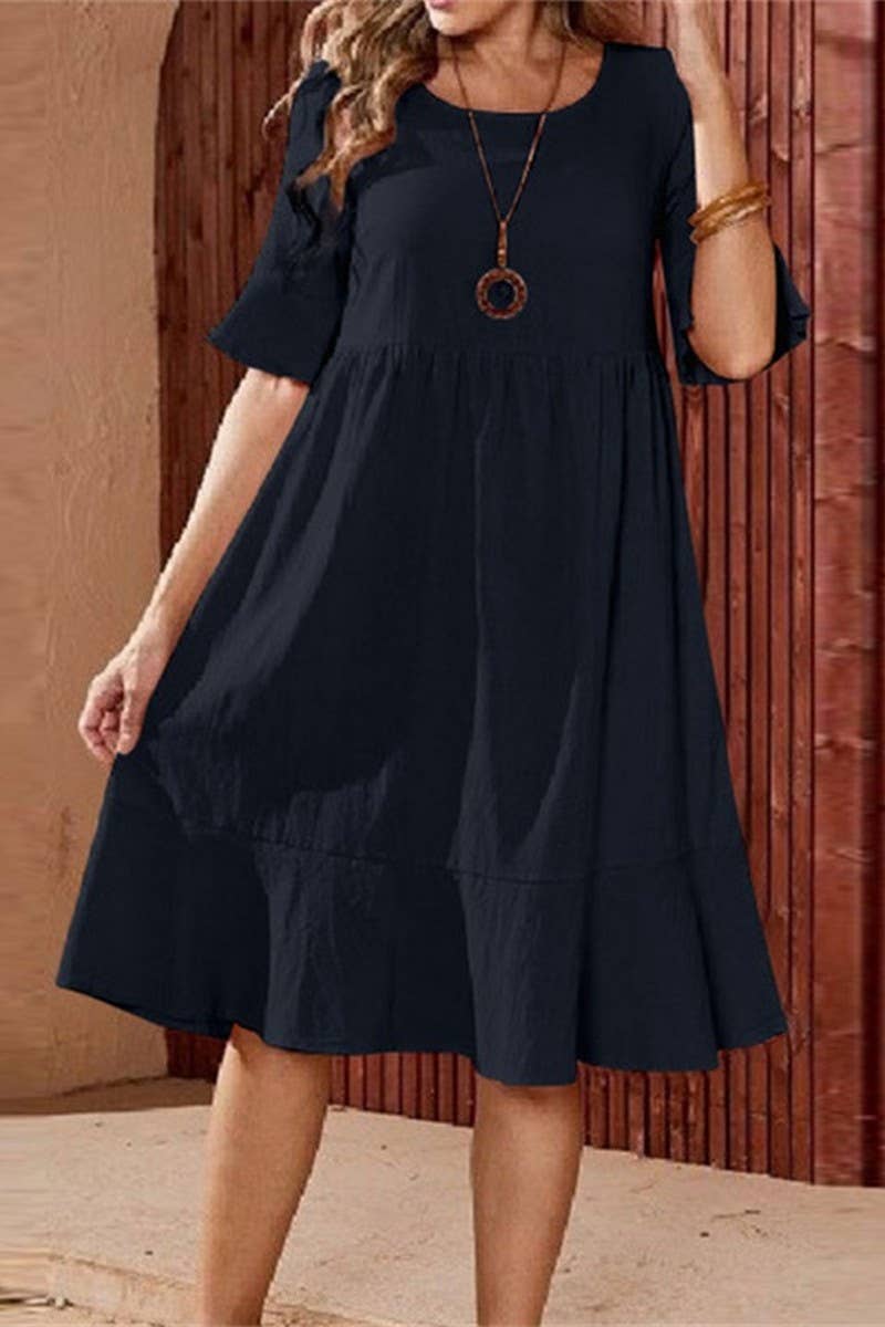 CWDMD3161_WIDE HEM SHORT SLEEVED COTTON AND LINEN DRESS