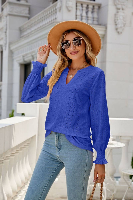 CWTBLL2407_V-NECK HOLLOW PLEATED LOTUS LEAF SLEEVE TOP