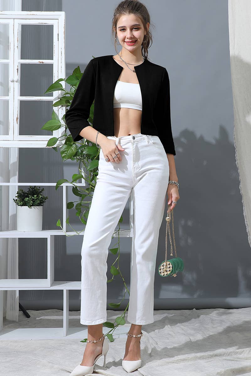 CWOBL105_SOLID OPEN FRONT 3/4 SLEEVE JACKET BLAZER