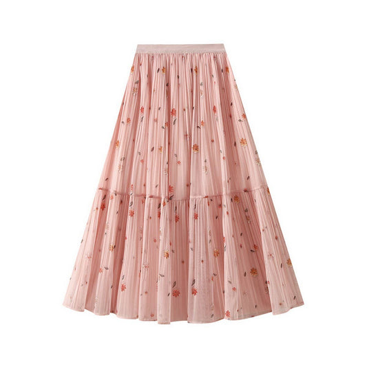Reversible Floral Mesh Pleated Midi Skirt