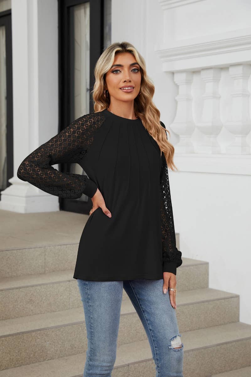 CWTBLL2860_CREW-NECK LACE PATCHWORK LONG-SLEEVED TOP