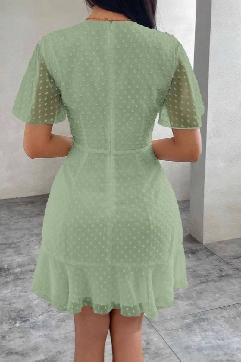 CWDSD8788_SUMMER V-NECK POLKA DOT LACE-UP DRESS