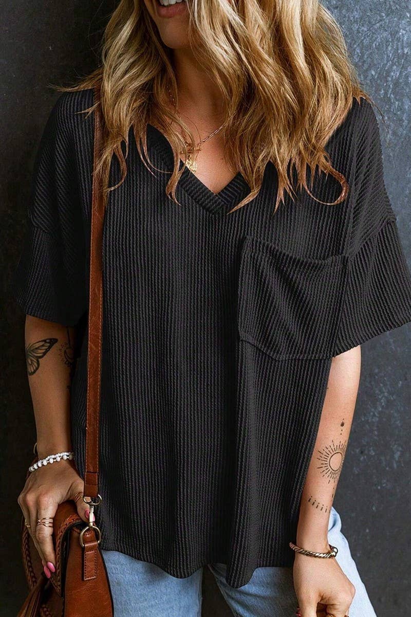 CWTTS1382_SUMMER FASHION POCKET SHORT SLEEVE V NECK TOP