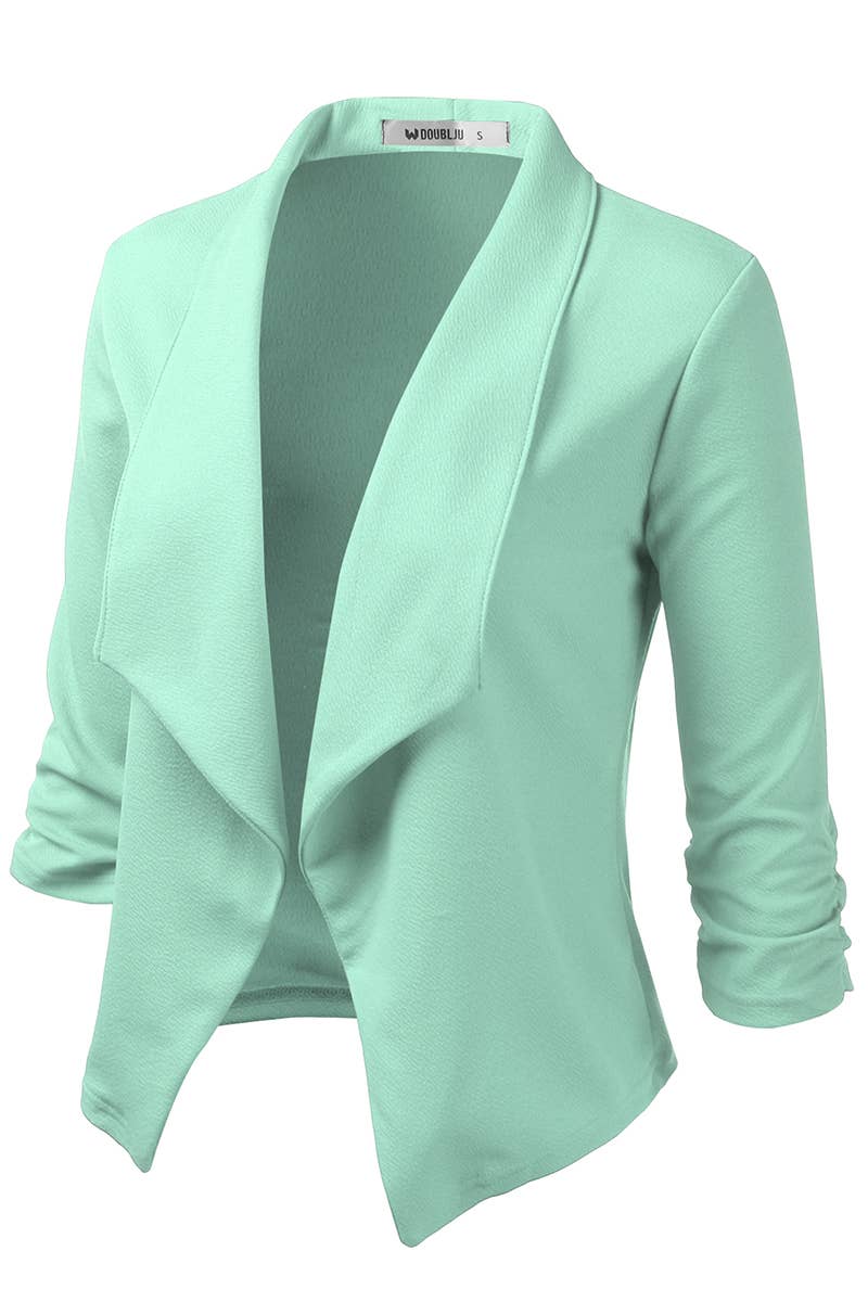 CWOBL091_Casual Work Ruched 3/4 Slv Open Front Blazer Jacket