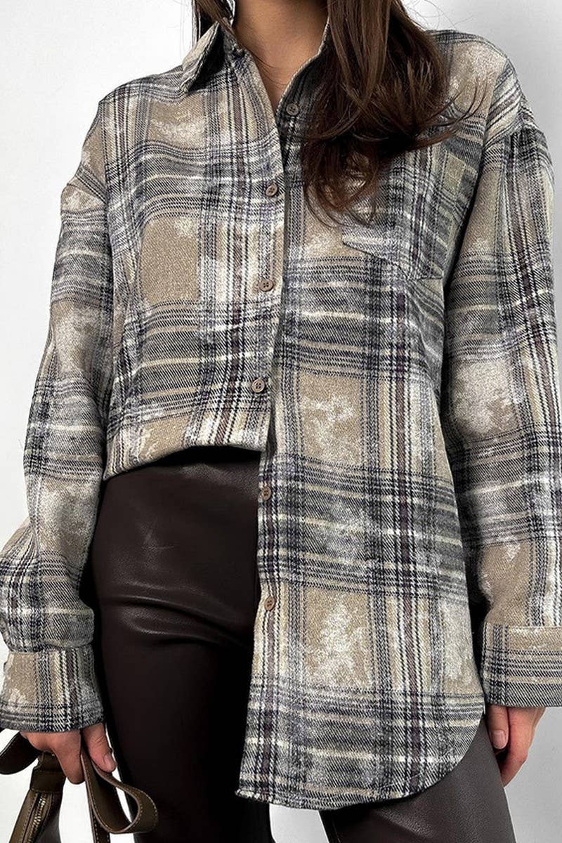 CWTBLL553_VINTAGE LOOSE COTTON PLAID LONG-SLEEVED SHIRT