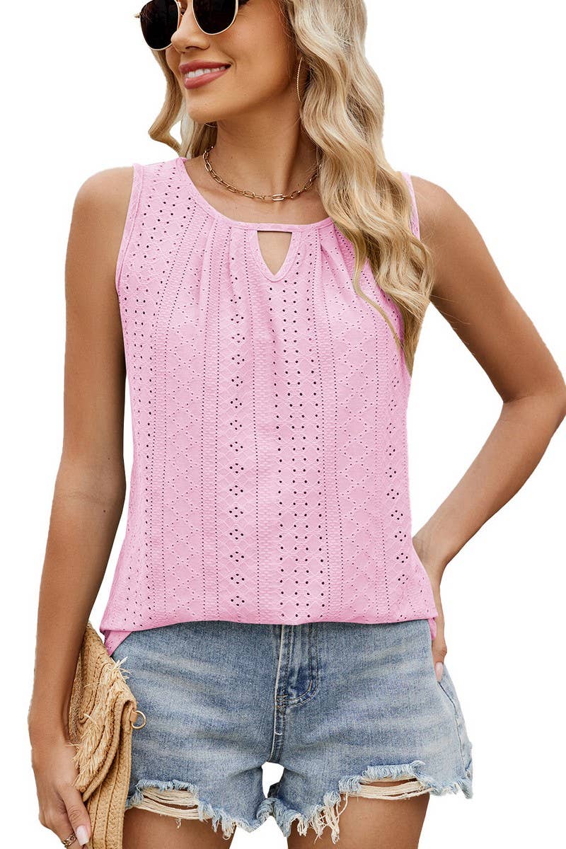 CWTTSL0316_SUMMER ROUND NECK HOLLOW PLEATED VEST T-SHIRT