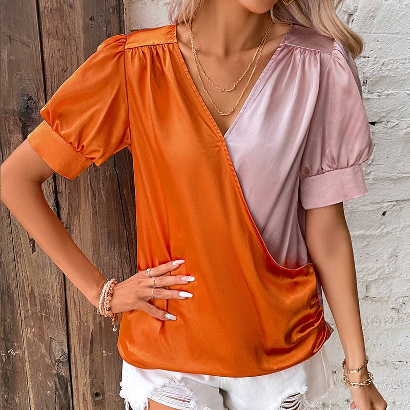 COLOR CONTRAST PATCHWORK FRENCH STYLE SHIRT