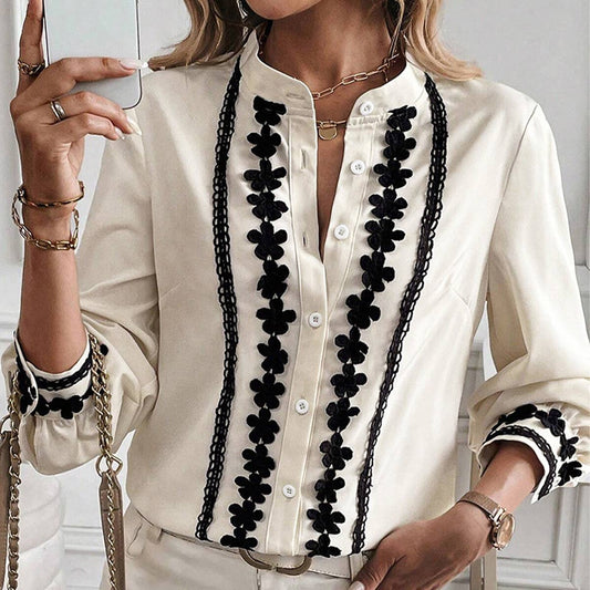 FLORAL EMBROIDERY SINGLE-ROW BUTTON-DOWN SHIRT
