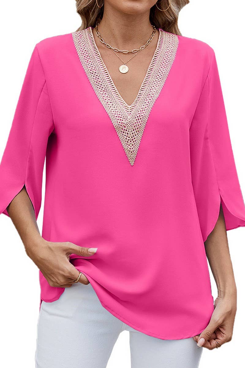 CWTTS1345_SPRING AND SUMMER V-NECK LACE CHIFFON TOP