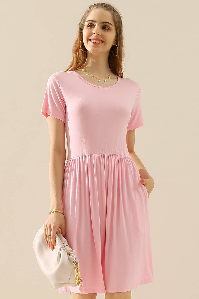 CWDSD10374_CREWNECK SHIRRED FLOWY SWING SHORT SLEEVE DRESSES