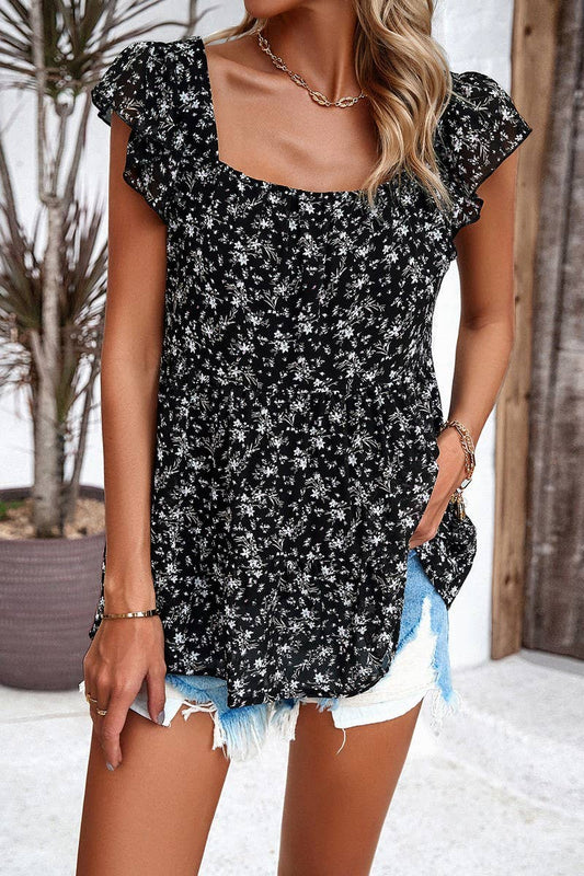 CWTBLSL0056_Squre Neck Floral Ruffle Sleeve Top
