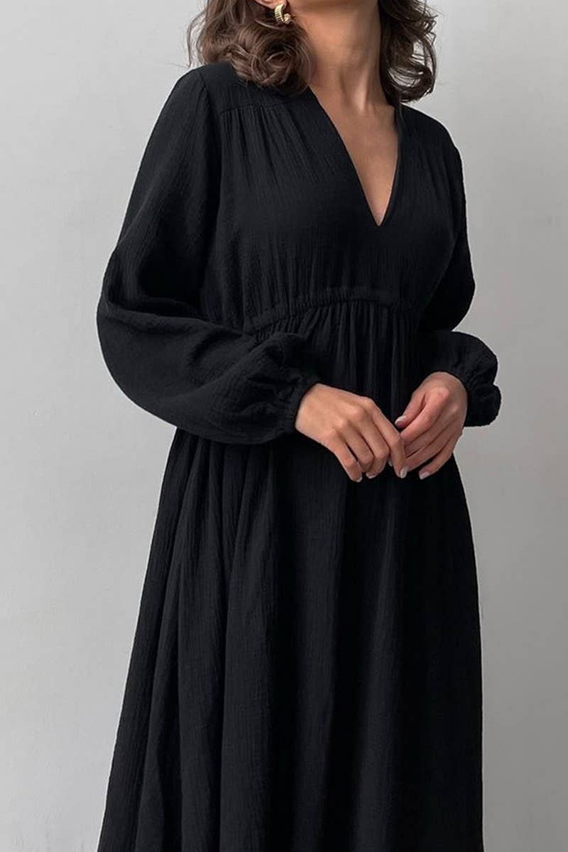 CWDTD0421_V LOOSE COTTON BLACK LONG-SLEEVED NIGHTDRESS