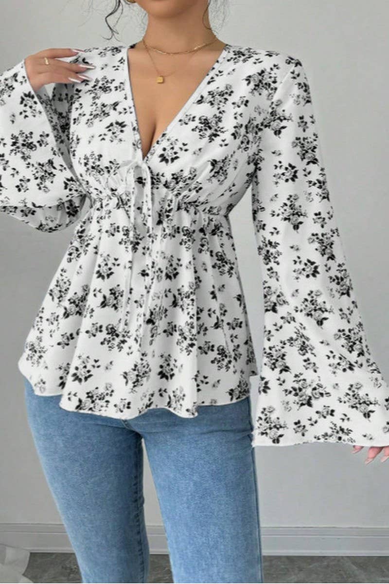 CWTBLL01068_V NECK FLORAL PRINT HIGH WAIST BLOUSE