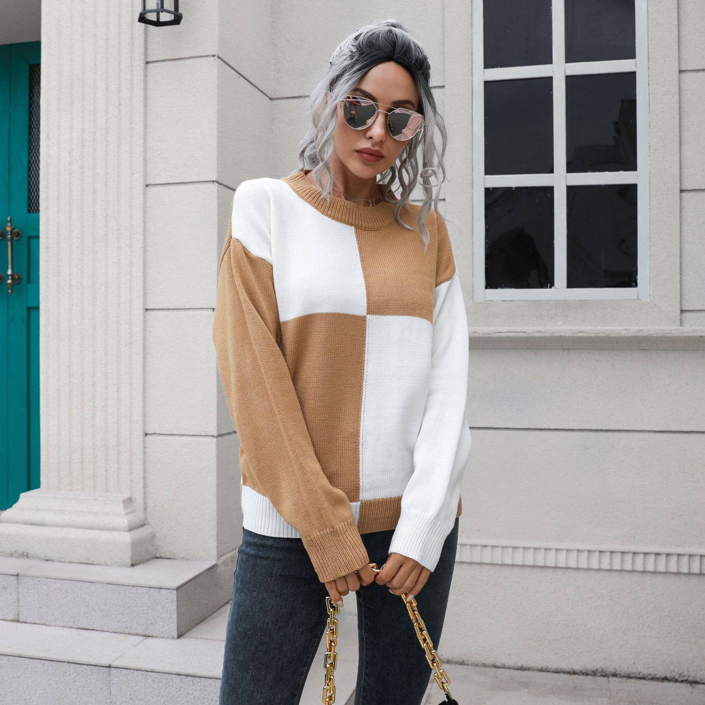 DESIGN SENSE CHECKERED LONG-SLEEVED SWEATER