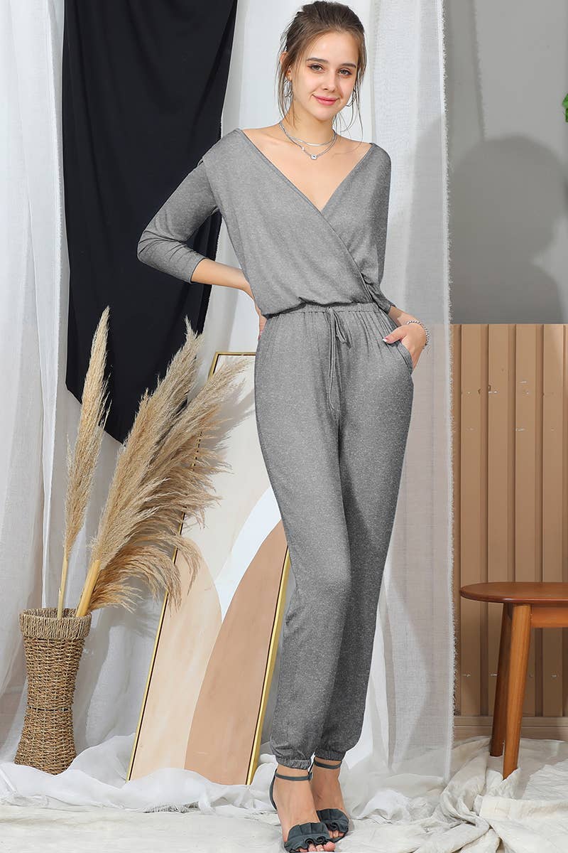 CWSJS221_V Neck Casual Jumpsuits Long Sleeve