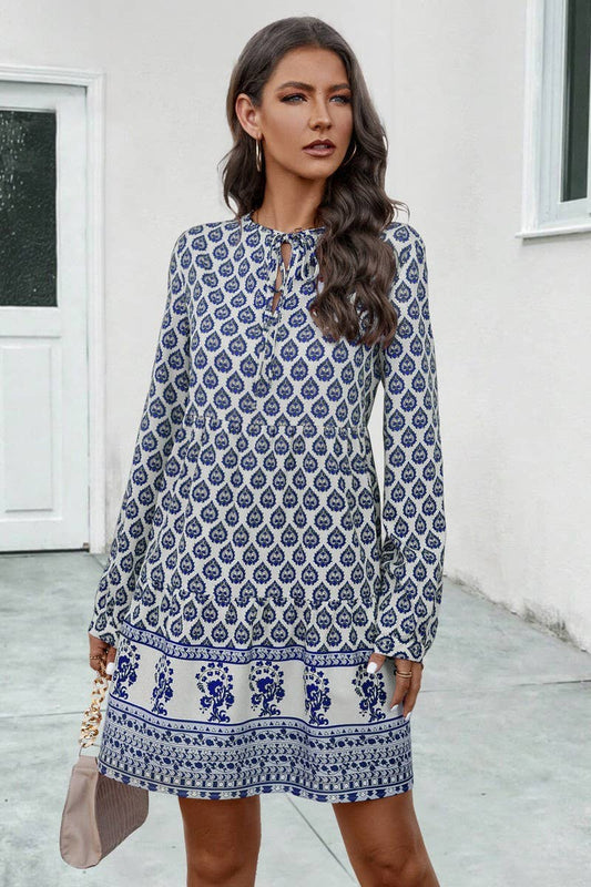 CWDSD4870_PRINTED LONG SLEEVE CREW NECK DRESS