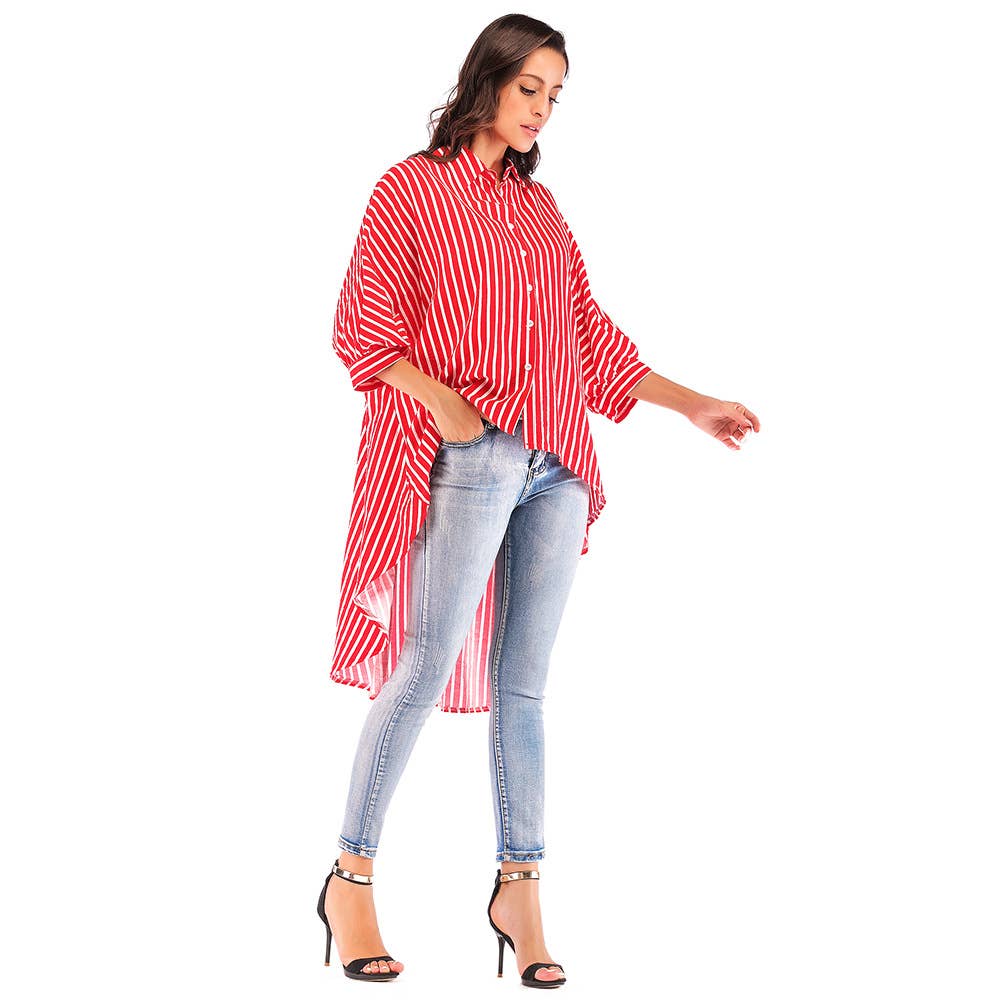 BAT-SLEEVED LOOSE DOVETAIL TREND STRIPED SHIRT