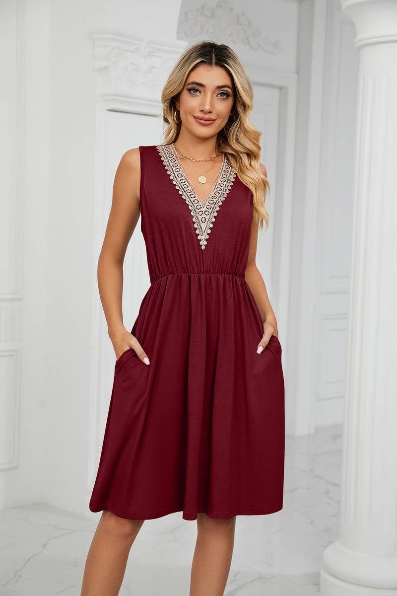 CWDSD3116_V-Neck Lace Trim Sleeveless Dress