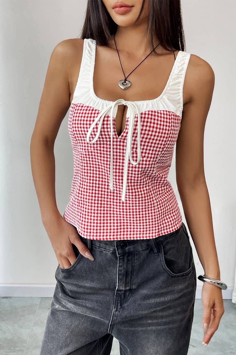 CWTTK0715_CONTRAST PLAID LACE-UP HOLLOW SLIM VEST CAMISOLE