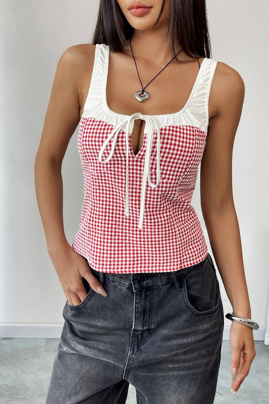 CWTTK0715_CONTRAST PLAID LACE-UP HOLLOW SLIM VEST CAMISOLE