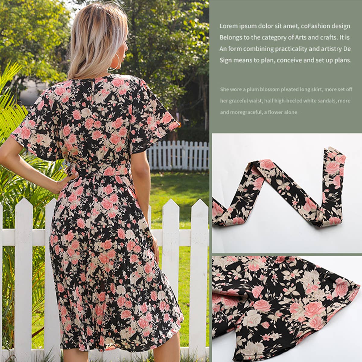 FLORAL CREW NECK LACE-UP PLEATED DRESS