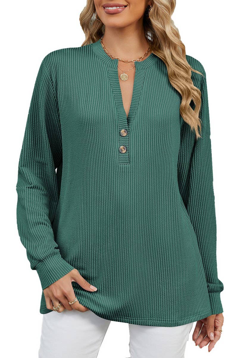 CWTBLL2362_LONG SLEEVE BUTTON V NECK STRIPED T-SHIRT TOP