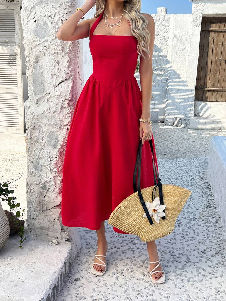 Casual high-waisted sleeveless halter dress