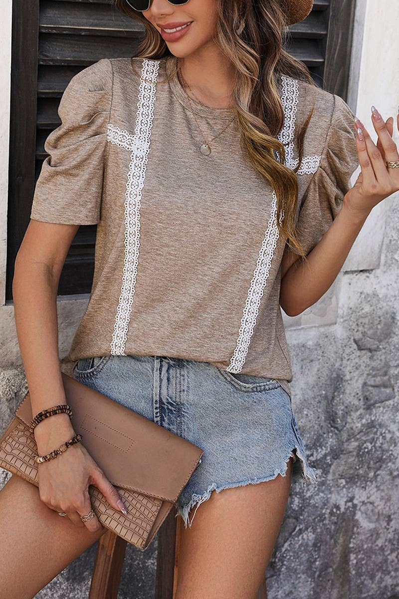 CWTTL1960_NEW LADIES FASHION LACE STITCHING T-SHIRT