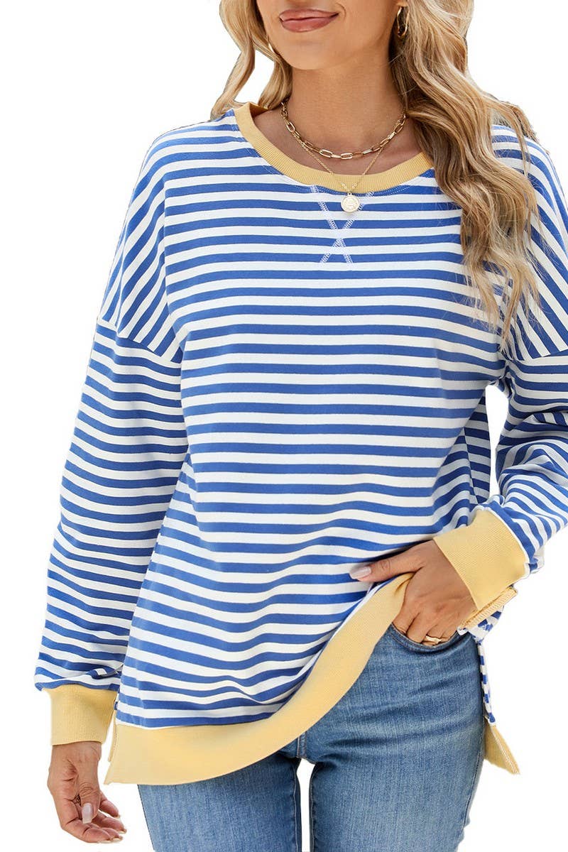 CWTBLL3746_CONTRAST COLOR SLIT LOOSE STRIPED SWEATSHIRT