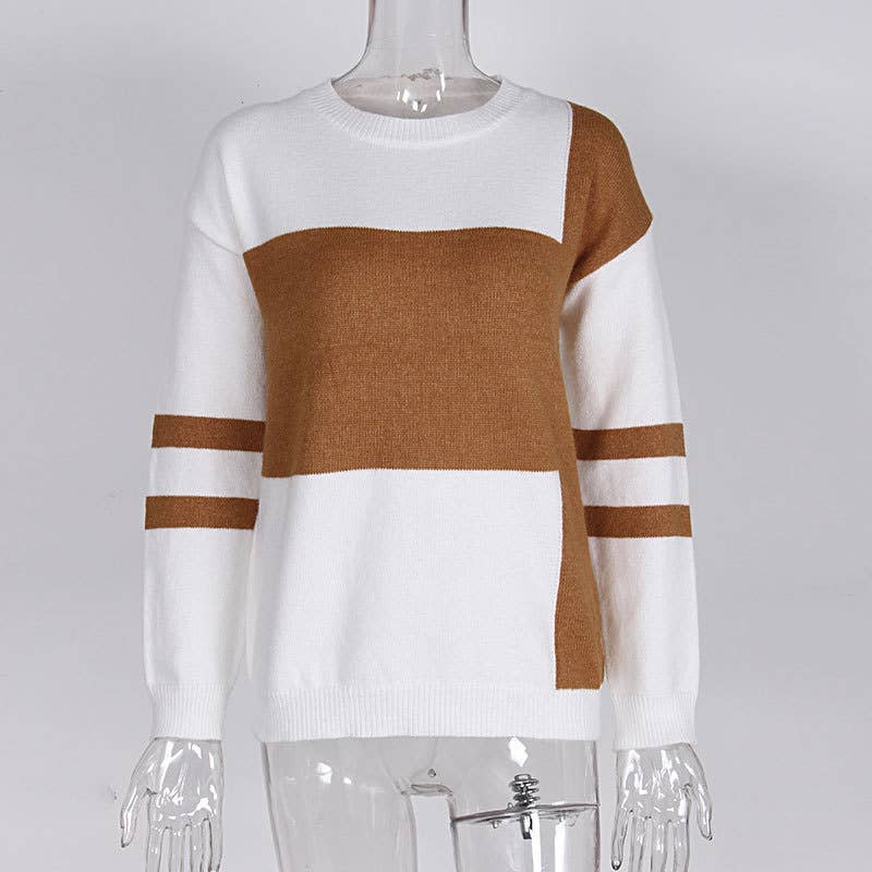 COLOR PATCHWORK CREW NECK PULLOVER SWEATER