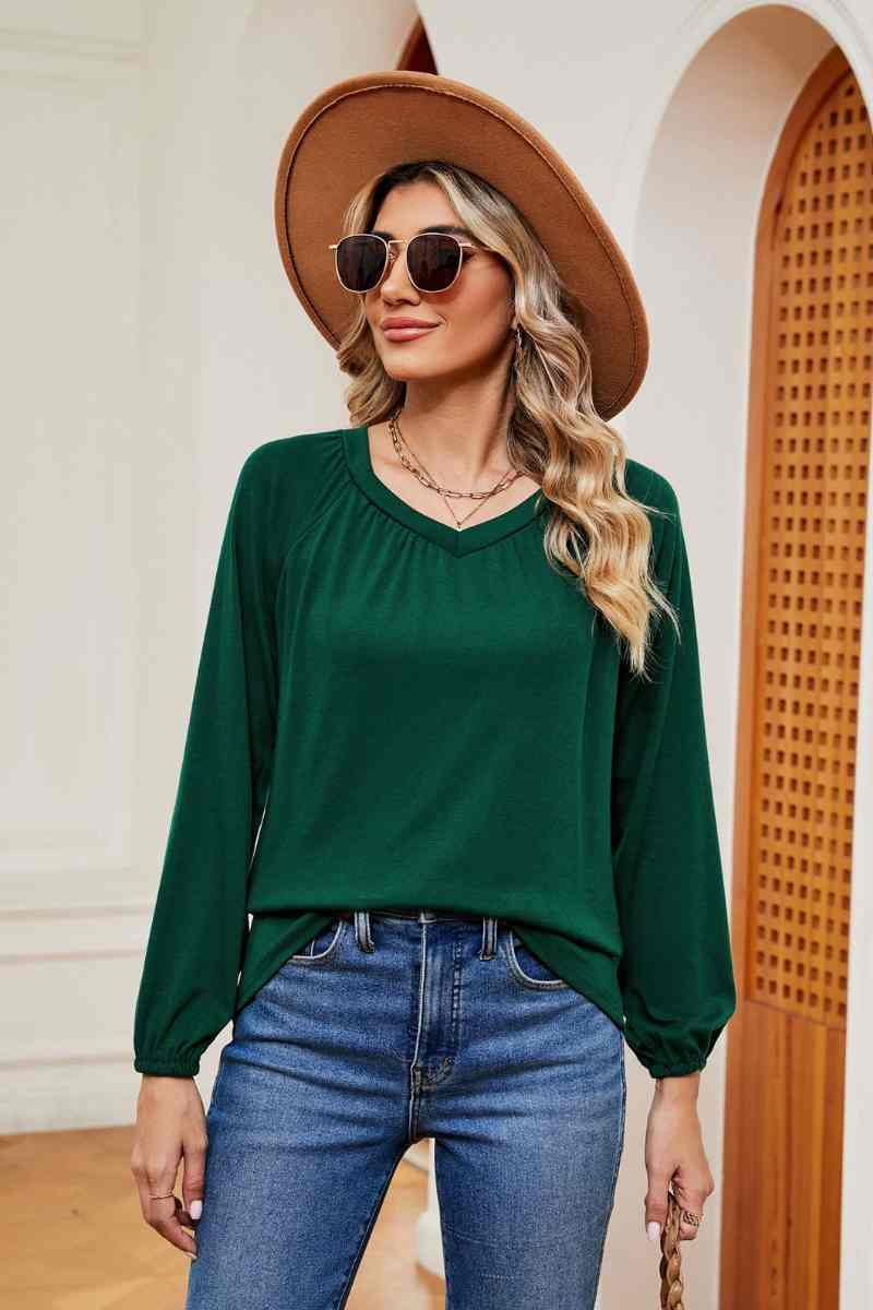 CWTBLL2840_CASUAL SOLID COLOR PLEATED LONG SLEEVE TOP
