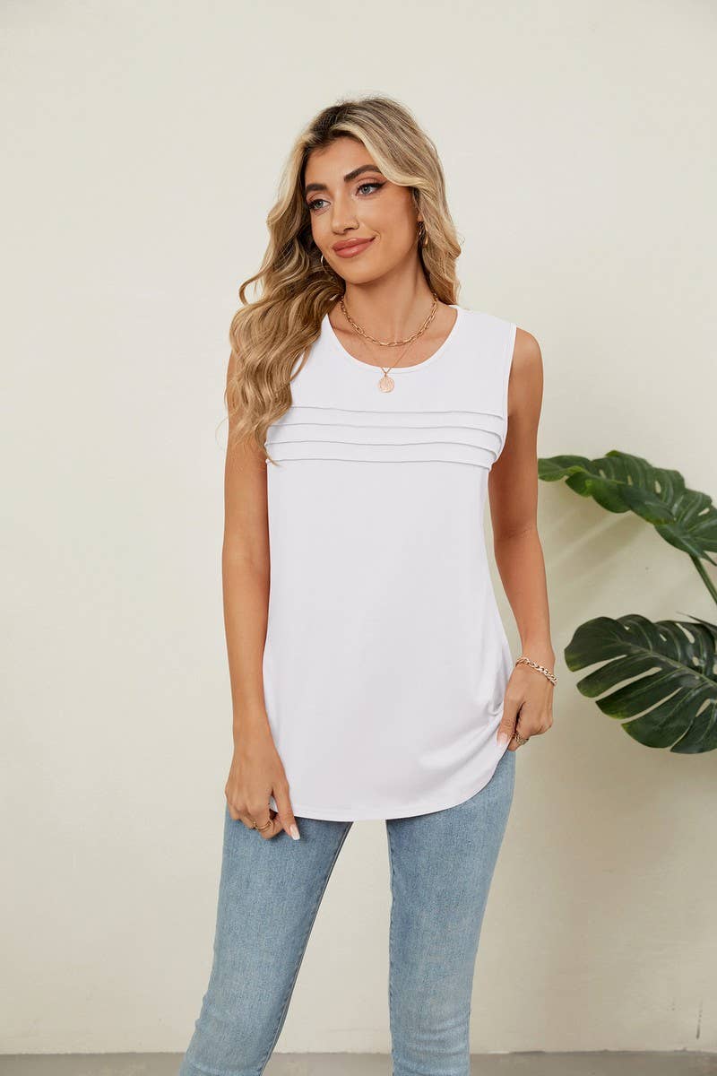 CWTBLSL0971_RUCHED SLEEVELESS CREWNECK SOLID TANK TOP