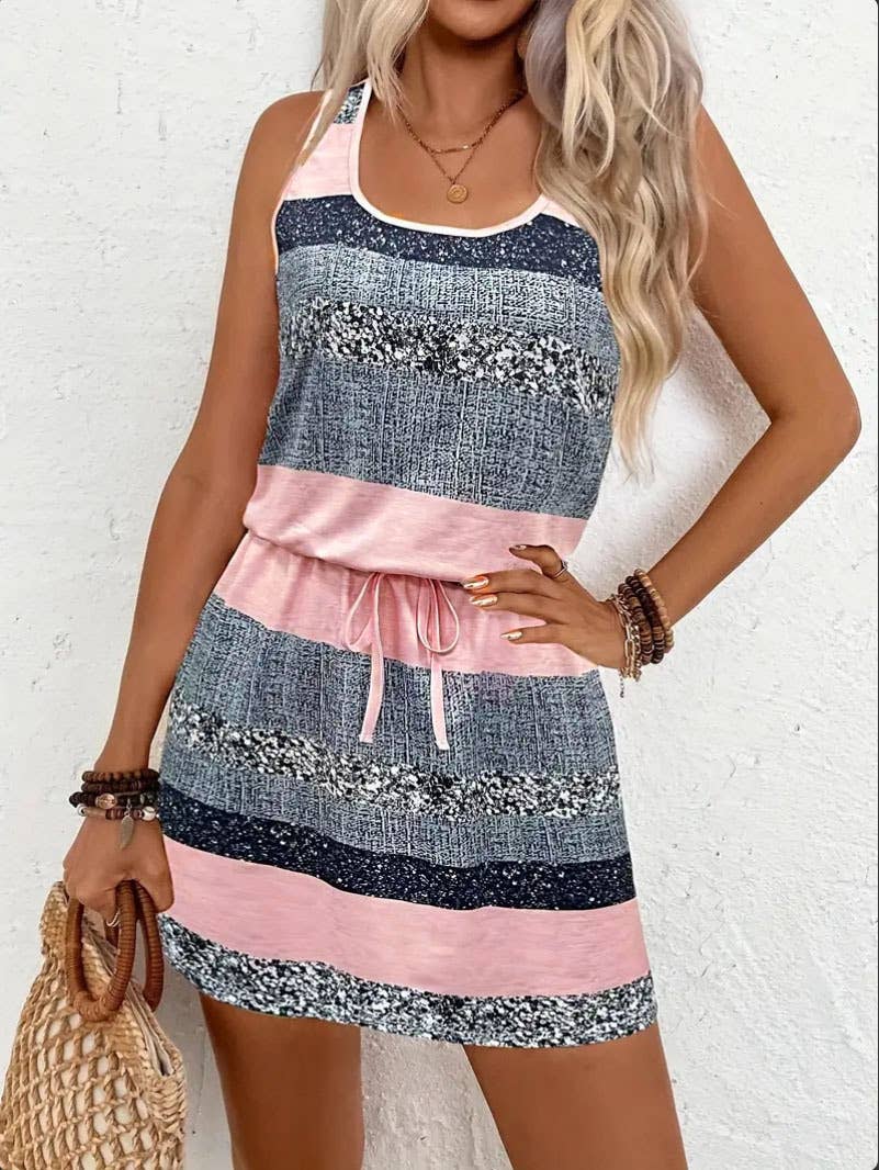 Casual U-neck striped printed sleeveless dress