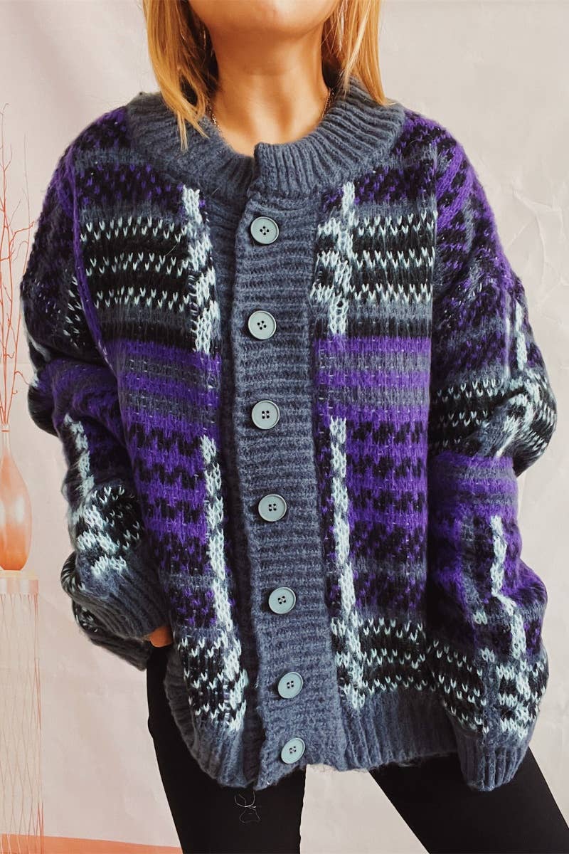 CWOCAL1274_COLOR CONTRAST STRIPE PULLED WOOL THICK CARDIGAN