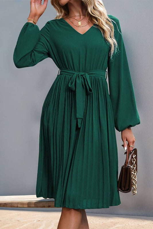 CWDMD4081_V-NECK LONG SLEEVE LACE-UP PLEATED DRESS