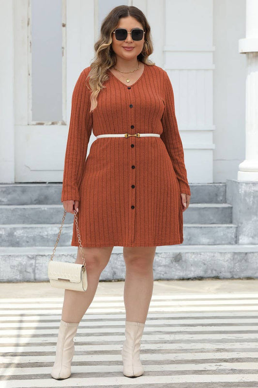 CWDSD1996_ Plus Size High WaistElegant Long Sleeve Dress