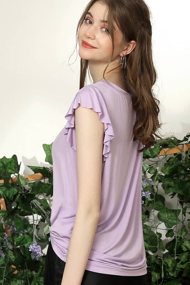 CWTTS690_V NECK BUTTERFLY RUFFLE SHORT SLEEVE T SHIRT TOP