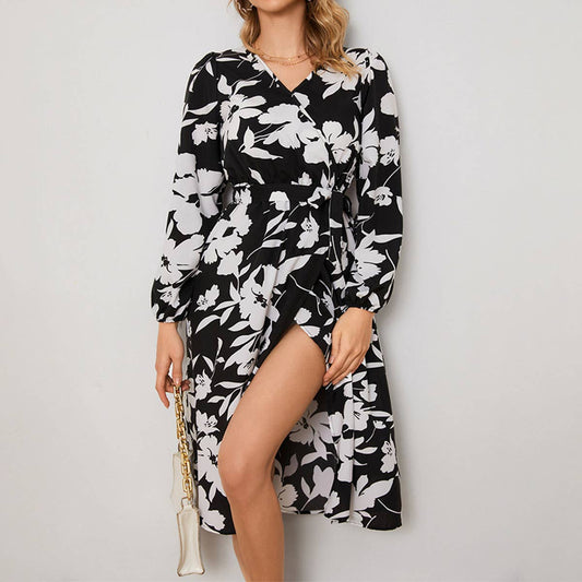 FLORAL SLIT WAIST STRAP LONG-SLEEVED DRESS