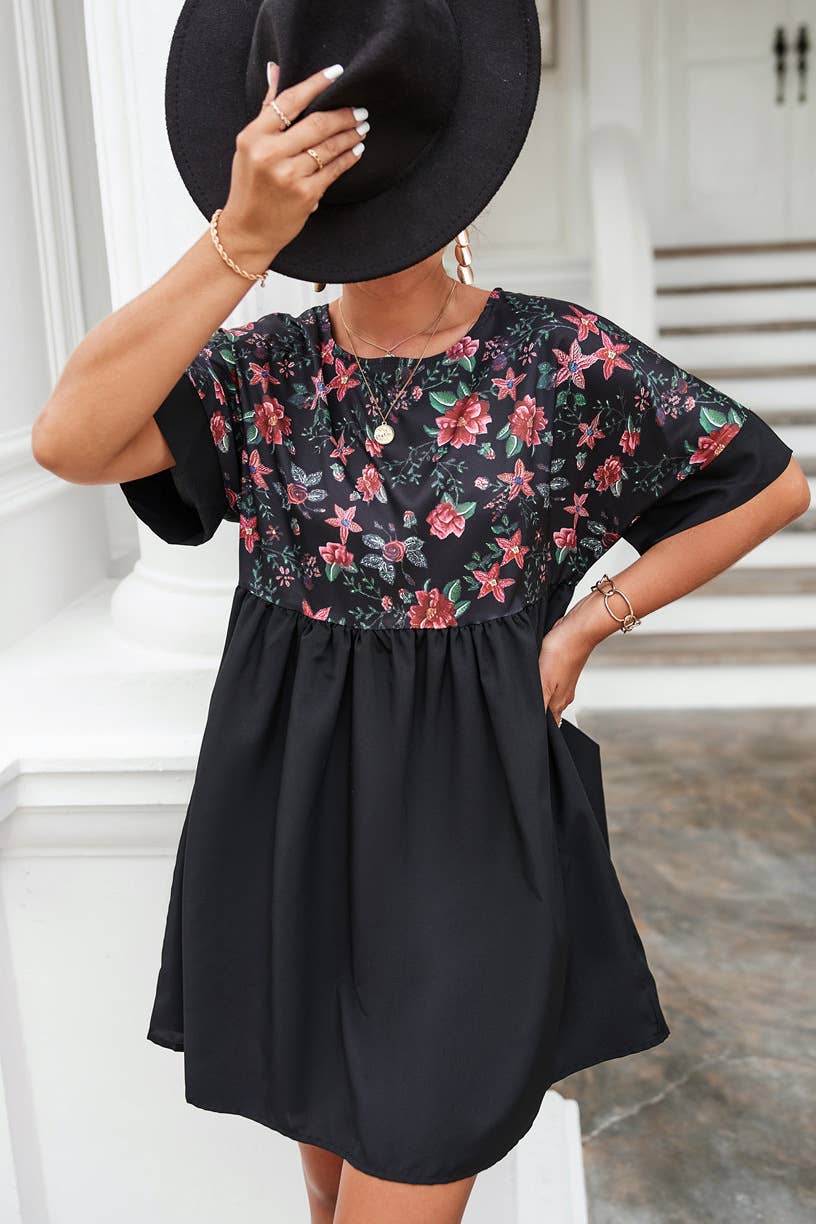 CREW NECK PRINT PATCHWORK LOOSE SHORT DRESS