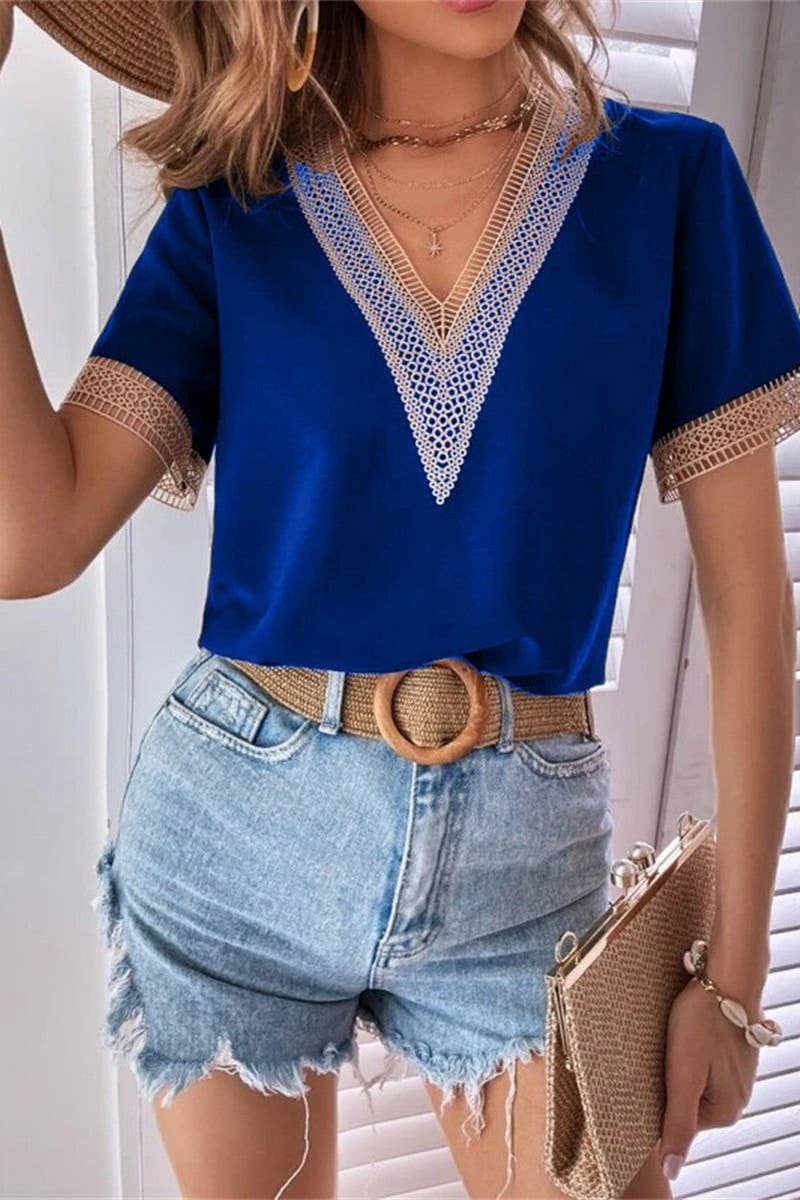 CWTBLS0826_V-NECK LACE CASUAL SOLID COLOR SHIRT